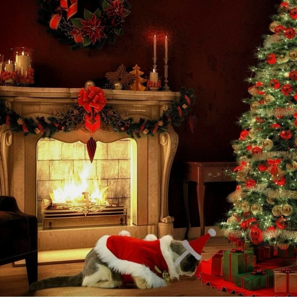 Cat Christmas Costume Adjustable Cute Santa Pet Cape Cat Santa Clothes with Bell